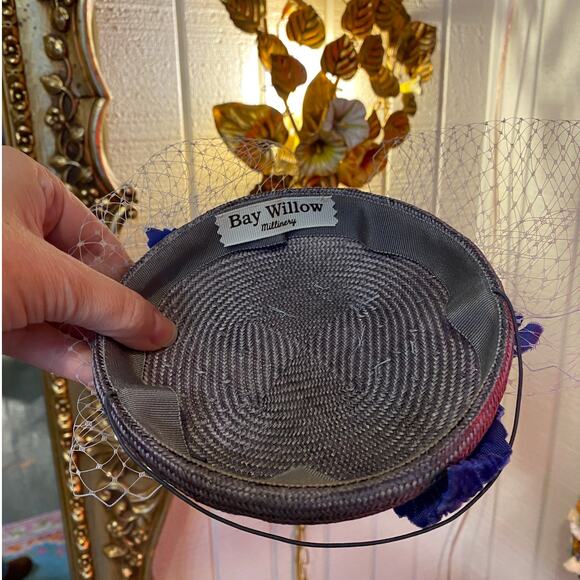 vintage style blue fascinator velvet flower 1950s style millinery hat with veil - Picture 7 of 8